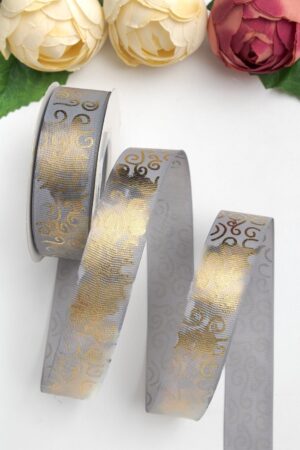 Лента репсовая 2,5 см*20 ярд "Узор" SF-5852, серый/золото №03